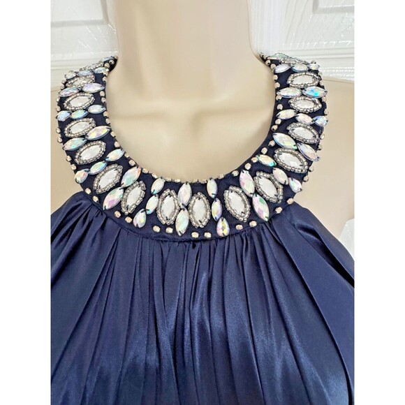 Sequin Hearts Navy Formal Prom Dress Sz 5 Beaded Halter Flowing Silky Gown NWT - Picture 2 of 16